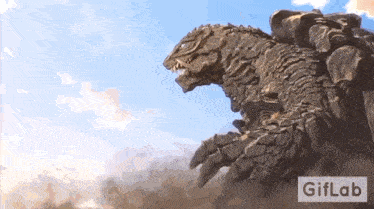 a monster with a blue sky in the background and a giflab logo in the corner