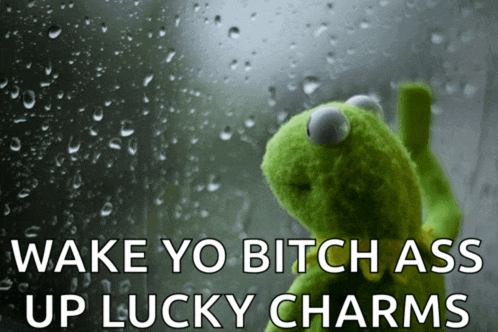 a kermit the frog looking out a window with the words wake yo bitch ass up lucky charms