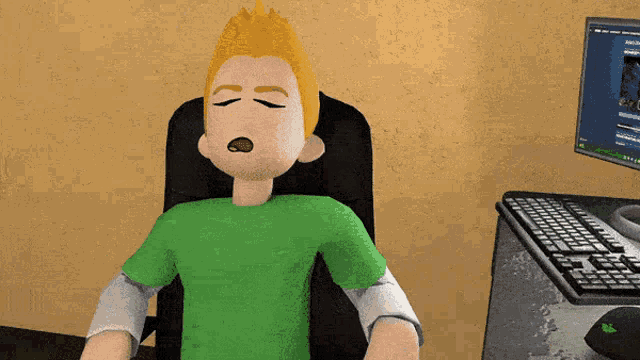 a cartoon character in a green shirt is sitting in front of a computer monitor