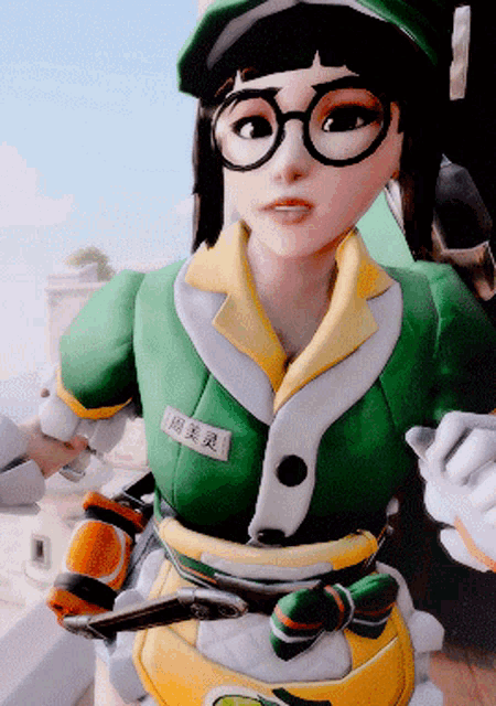 a cartoon character with glasses and a name tag that says mei