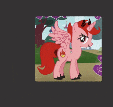 a pink pony with horns and wings is standing on a path