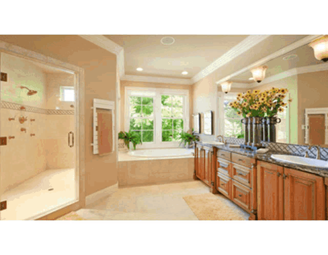 a bathroom with two sinks and a tub