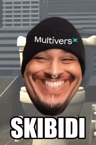 a man wearing a beanie that says multivers x on it