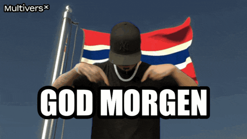 a man stands in front of a flag with the words god morgen on the bottom