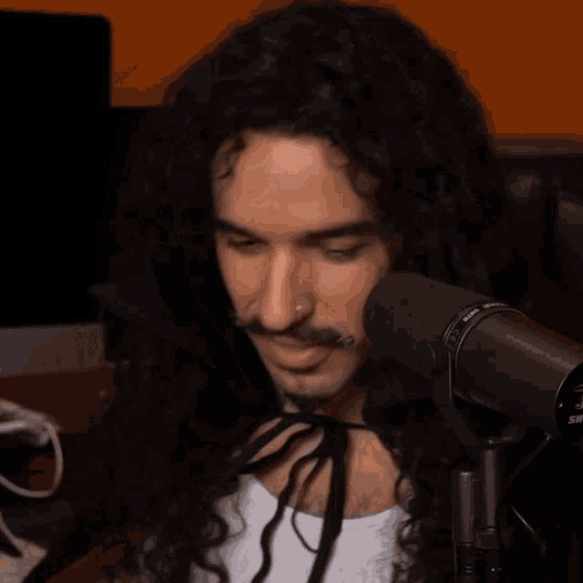a man with long curly hair and a mustache stands in front of a rode brand microphone