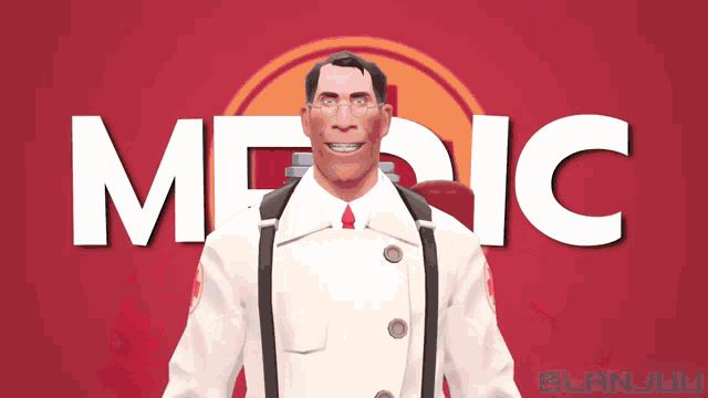 a man in a white coat with the word medic behind him