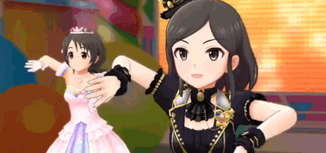 two anime girls are standing next to each other and one is wearing a tiara .