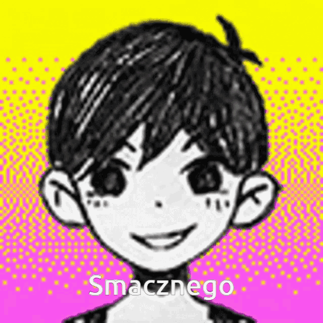 a black and white drawing of a boy with a smile on his face and the words smacznego .