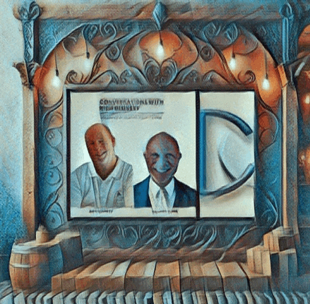 a framed picture of two men with the words conversations with richard branson