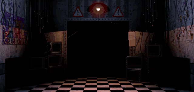 a cartoon character in a dark room with a sign that says " celebrate "