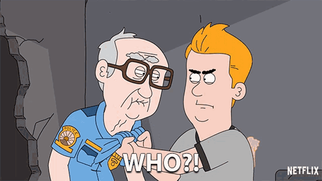 a cartoon of a police officer holding a man 's arm and saying who ?