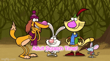 a group of cartoon characters standing next to each other with the words adult scratch time