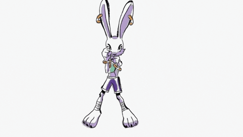 a drawing of a rabbit with boxing gloves and a purple background