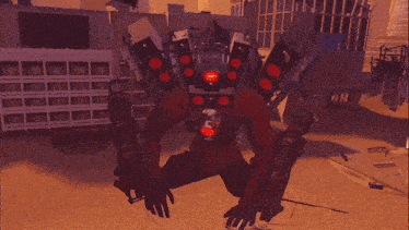 a robot with red eyes stands in a city