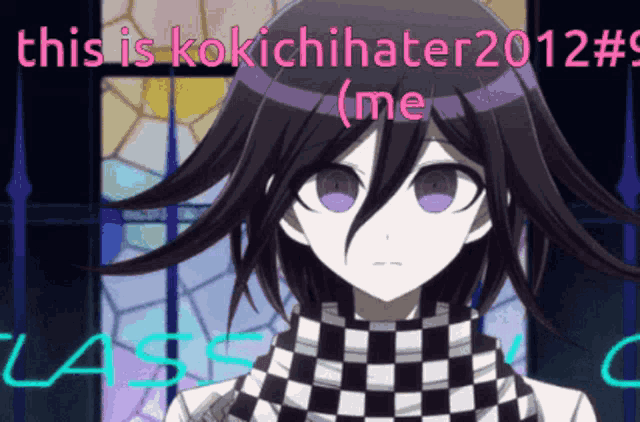 a picture of a girl with purple eyes says this is kokichihater 2012 # 9