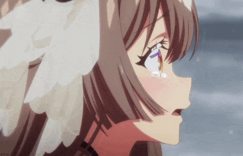 a close up of a girl with white wings on her head