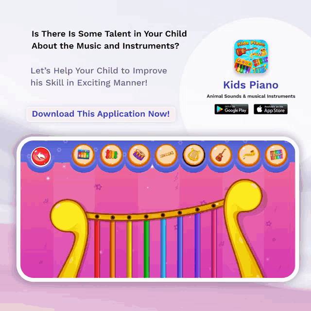 an advertisement for a kids piano app that is available on google play and the app store