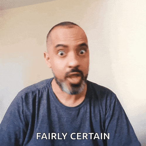 a man with a beard is wearing a blue shirt and says fairly certain