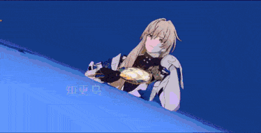 a girl with long blonde hair is standing in front of a blue wall