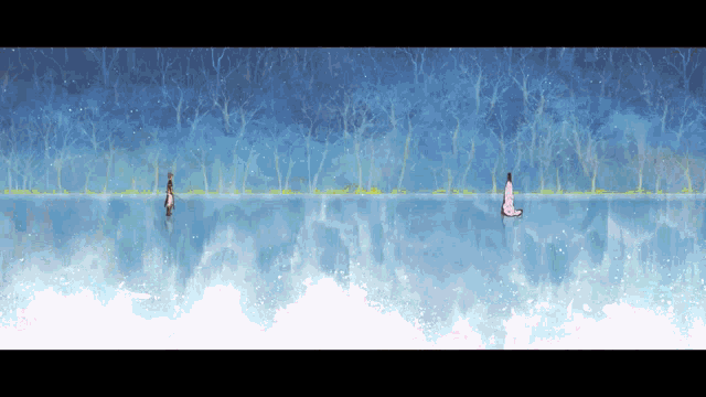 a painting of two people standing in a lake