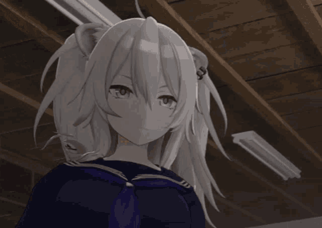 a girl with long white hair is standing in front of a clock