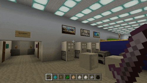 a screenshot of a minecraft game shows a room with a sign that says reception