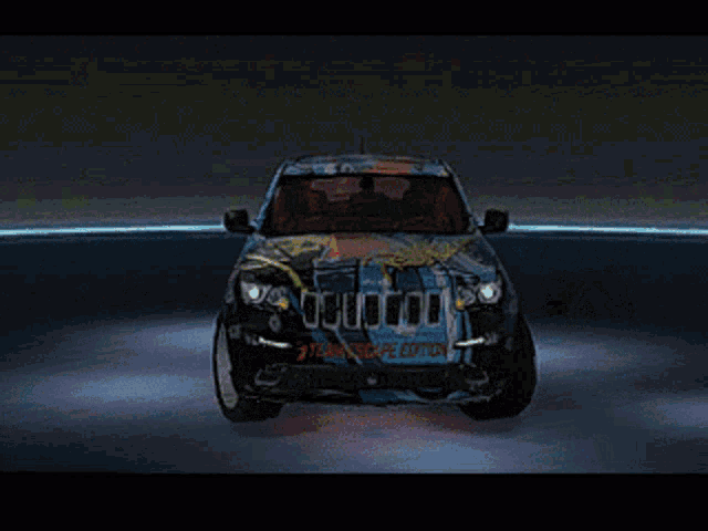 a colorful jeep with a new york license plate is being displayed