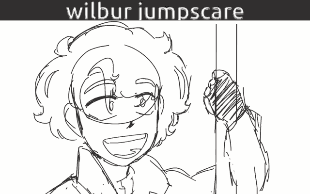 a black and white drawing of a person standing next to a wall with the words wilbur jumpscare written on the bottom .