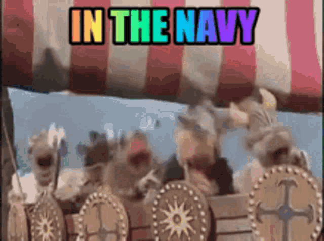 a group of vikings are standing on a boat with the words in the navy above them .
