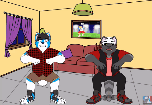 a cartoon of two furry guys in a living room with a picture on the wall that says ' soccer ' on it
