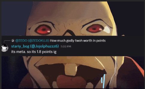 a screenshot of a cartoon character with red eyes and the words " how much godly twoh worth in points " below it