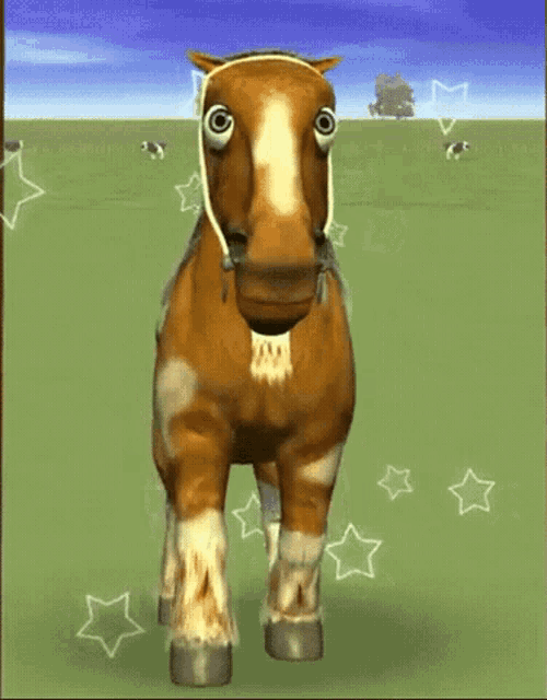 a brown and white horse with big eyes is standing in a field with stars around it