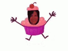 a cartoon of a person dressed as a cupcake with a cherry on top .
