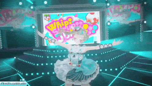 a girl in a white dress is dancing on a stage with a sign that says win