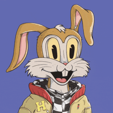 a cartoon rabbit wearing a jacket that has the letter h on it