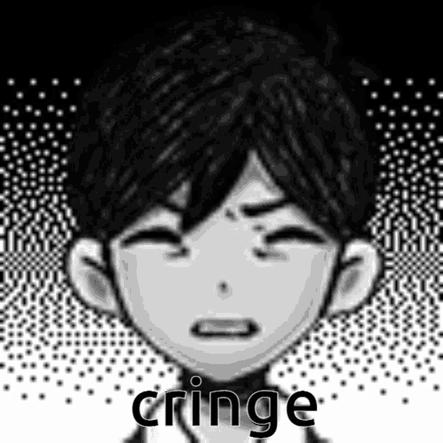 a black and white drawing of a boy with his eyes closed and the words `` cringe '' written below him .
