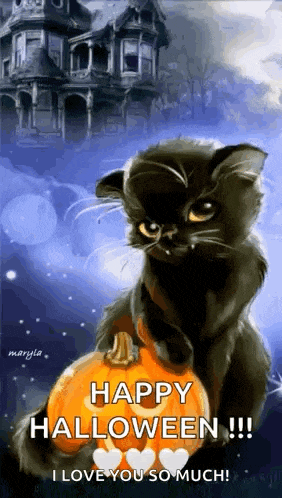 a black cat is sitting on top of a pumpkin with the words `` happy halloween !!! i love you so much '' .