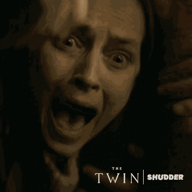 a movie poster for the twin shudder shows a woman screaming