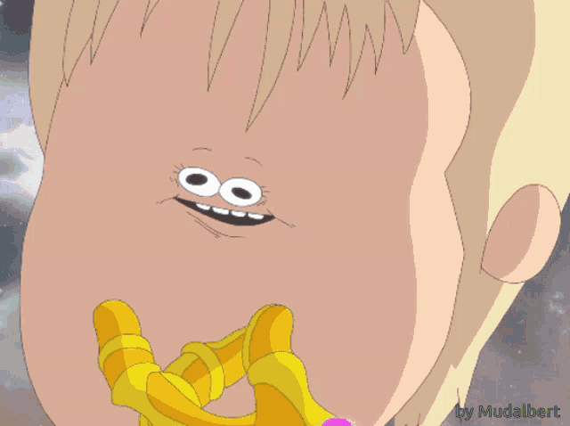 a cartoon angel with a halo on his head is holding a yellow glove