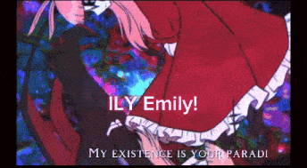 a girl in a red dress is standing next to a man in a black suit and says ily emily