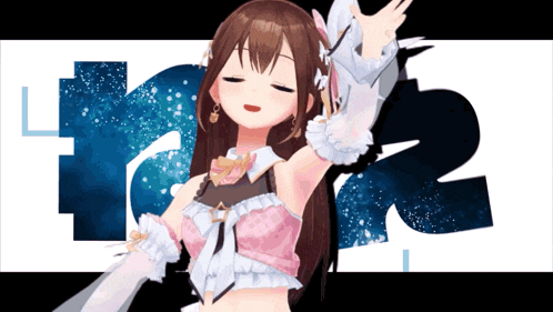 a girl in a pink top and white gloves is dancing in front of a sign that says ' ice '