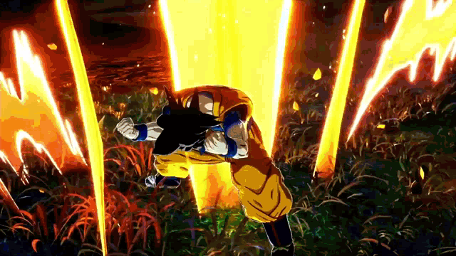a cartoon character is standing in a field with a beam of light coming from his chest .