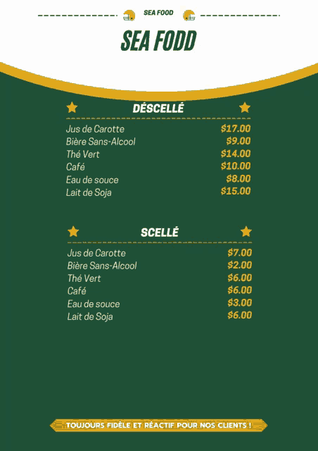 a menu for sea food has a list of drinks and prices