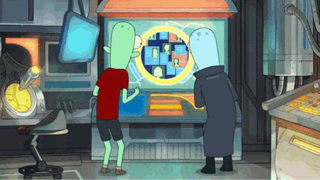 two cartoon characters are looking at a screen with a bunch of faces on it