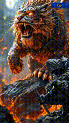 a painting of a lion with a chain around its neck is surrounded by flames