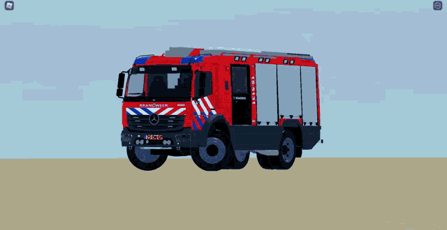 a red and white mercedes brandweer truck is parked in the sand