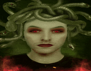 a man with snakes in his hair and red eyes