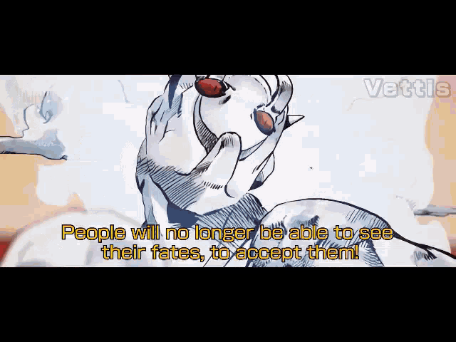 a cartoon of a man with red eyes and the words people will no longer be able to see their fates to accept them