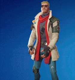a man wearing a white jacket and a red scarf is standing in front of a blue background