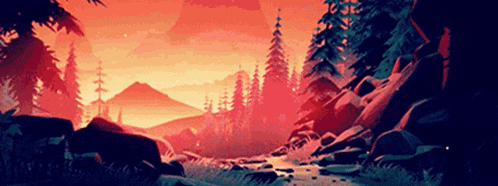 a painting of a river running through a forest at sunset